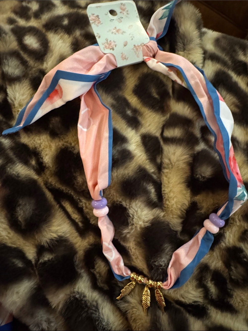Pink & Blue Scarf Necklace with Gold Fish Charms